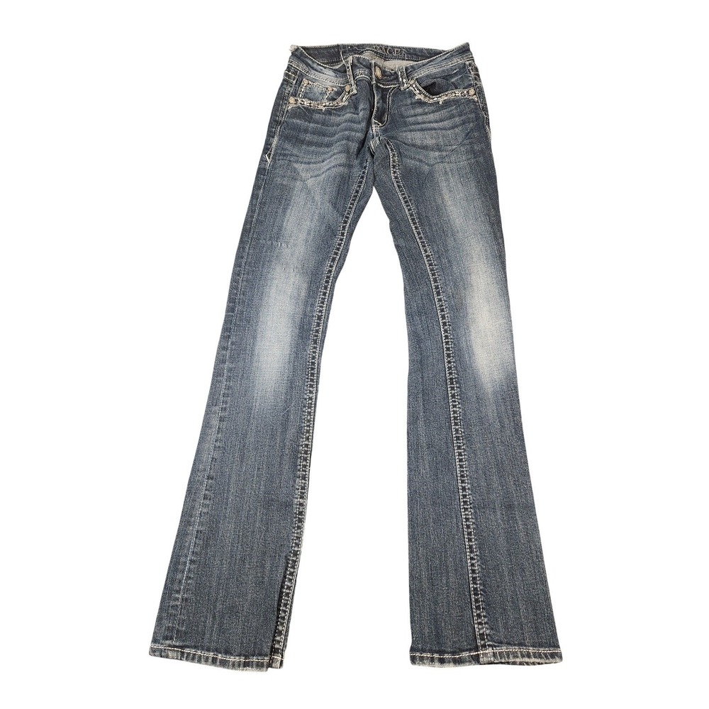 Grace In LA Bootcut Jeans Womens 26 Low Rise Rhinestone Embroidered Blue Y2K